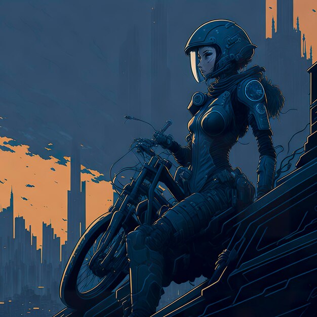 A woman on a motorcycle with a city in the background