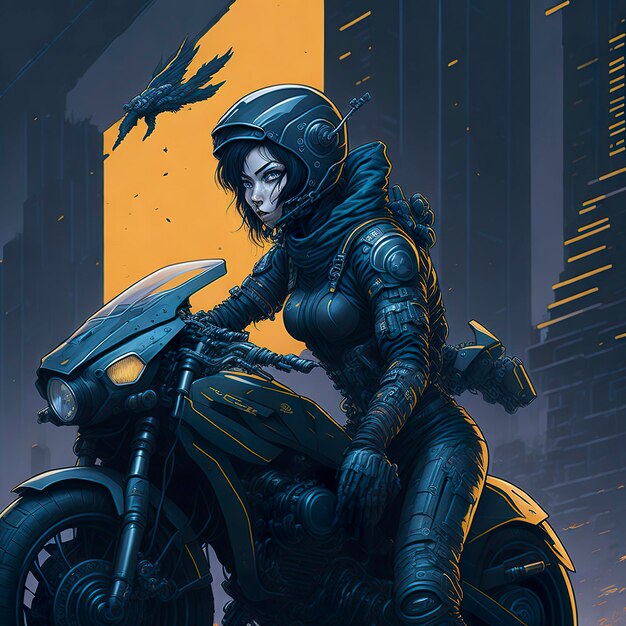 A woman on a motorcycle with a city in the background