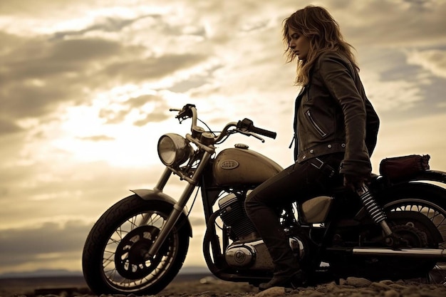 A woman on a motorcycle with a sky background