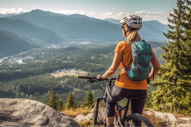 A woman on a mountain bike looks out over a valley