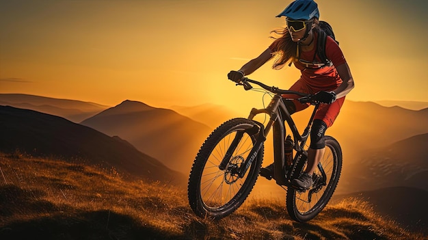 Woman mountain biker on trail at sunset in the style of emotive portraits