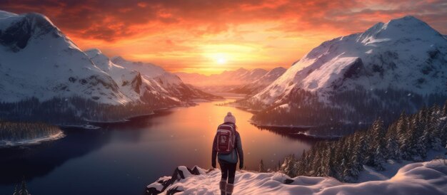 Woman mountain climber observing the sunset on a lake near a small mountain covered in snow