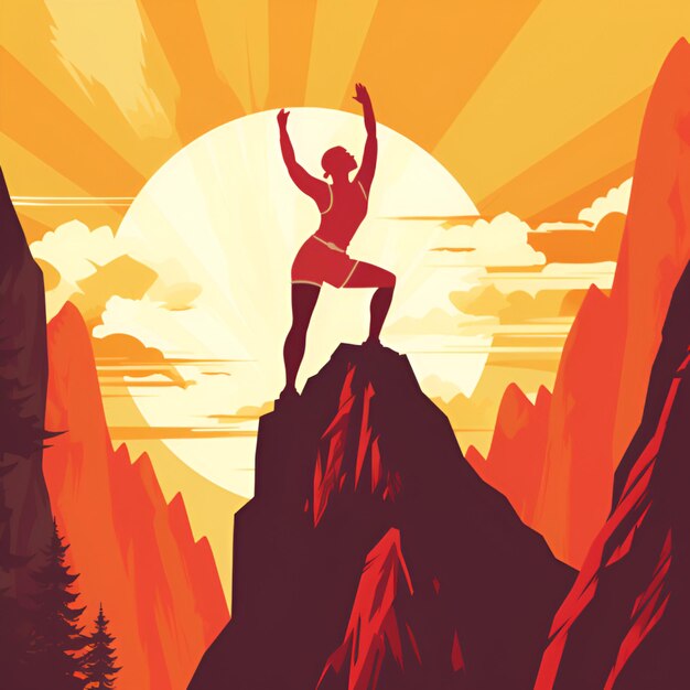 Woman on a Mountain peak Achievement concept illustration