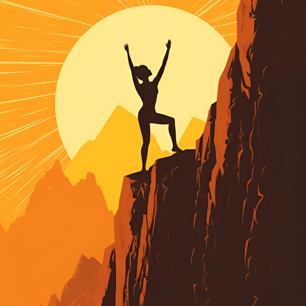 Woman on a Mountain peak Achievement concept illustration