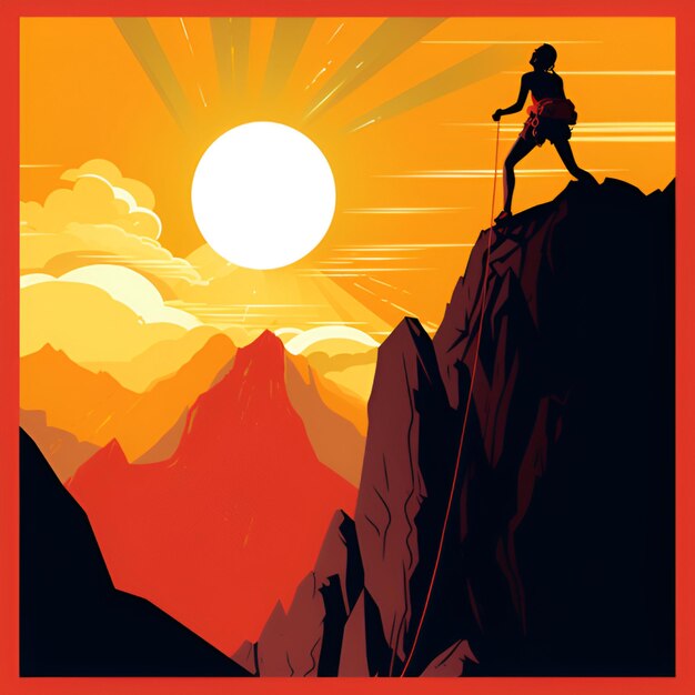 Woman on a Mountain peak Achievement concept illustration