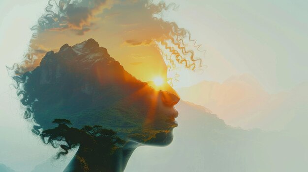 Photo woman and mountains double exposure at sunset