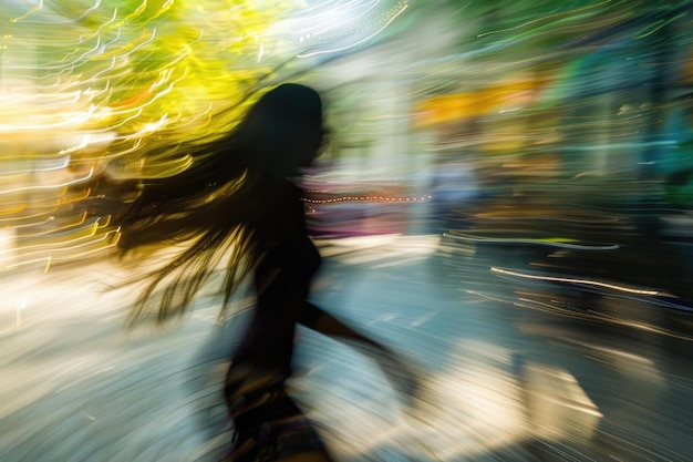 Foto una donna si muove graziosamente su uno skateboard la sua figura sfocata trasuda un senso di libertà e movimento mentre naviga attraverso la scena