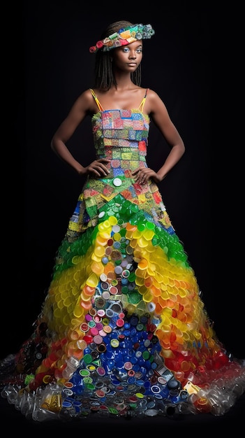 A woman in multicolored recycled plastic dress AI recycled costume idea