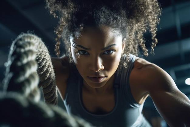 Foto corda muscolare donna africana in forma sport americano fitness femminile giovane atleta palestra ia generativa