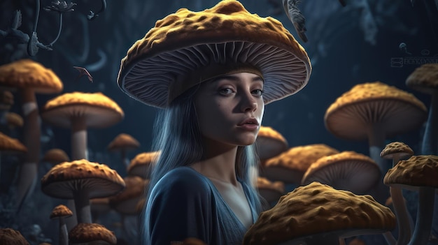 A woman in a mushroom hat stands in front of a dark background.