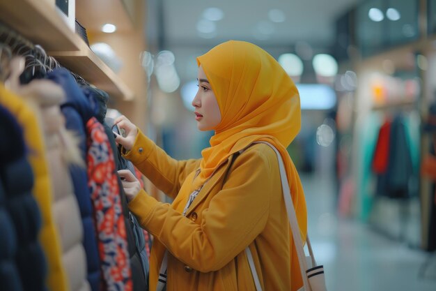 히자브를 입은 무슬림 여성이 가게에서 패션 드레스 제품을 확인하고 있습니다.