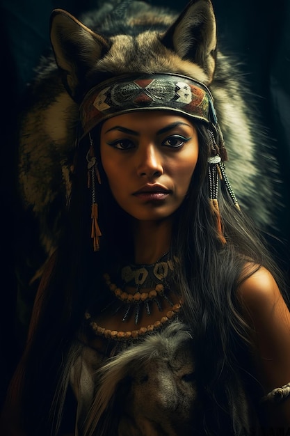 A woman in a native american costume stands in front of a dark background.