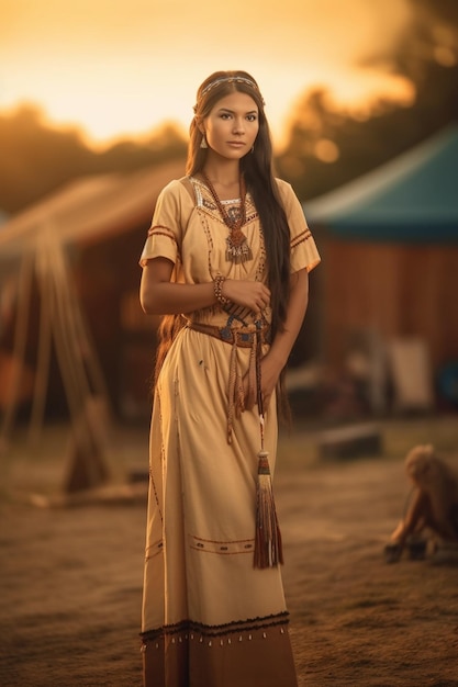 A woman in a native american dress stands in front of a tent.