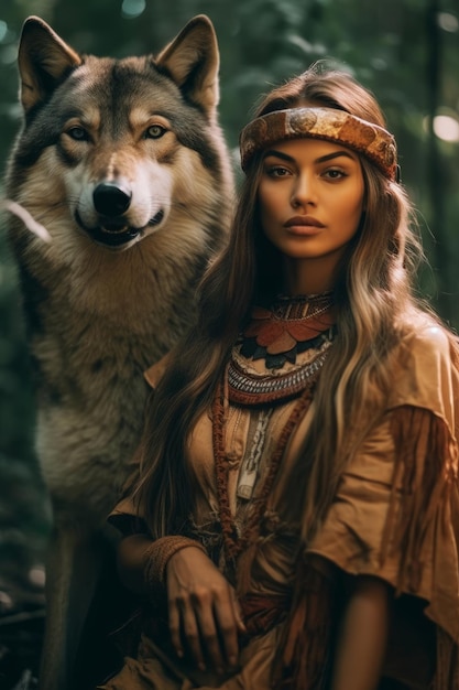 A woman in a native american indian outfit stands next to a wolf.