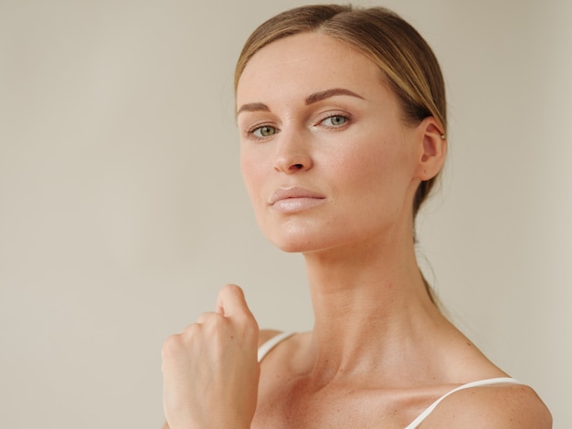 Woman natural beauty casual lifestyle portrait beautiful face. Closeup view.