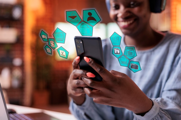 Woman navigating on phone with artificial intelligence pictograms