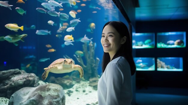 Photo woman near aquariums