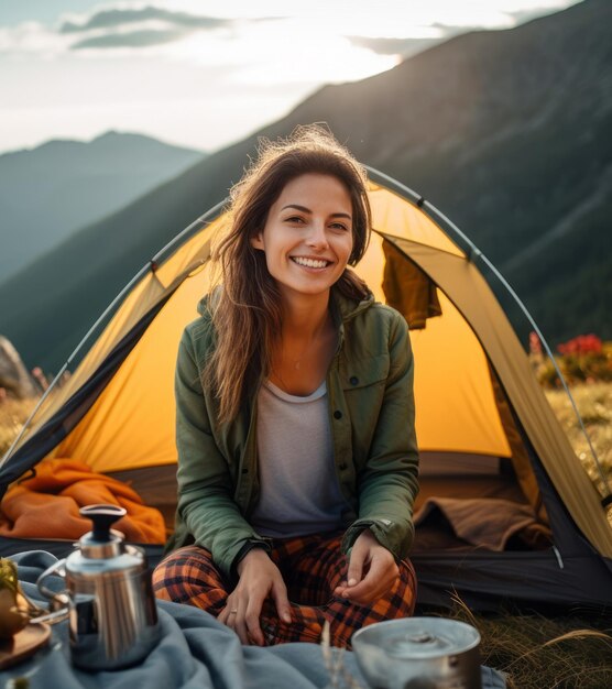 山のキャンプテントの近くの女性が夕食をとっています