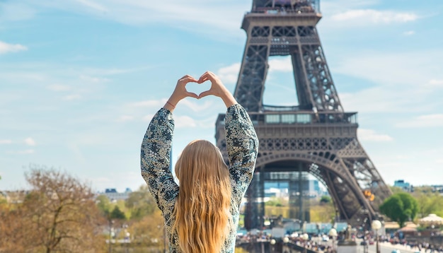 에펠 탑 근처 여자 선택적 초점