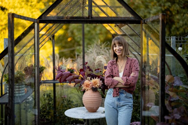 Woman near greenhouse with flowers at back yard