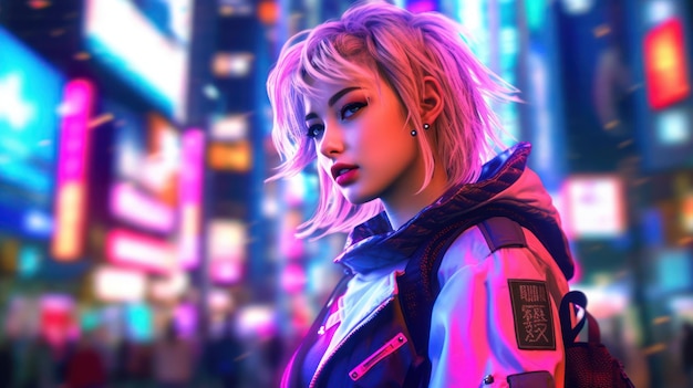 A woman in a neon city with a neon sign that says'cyberpunk '