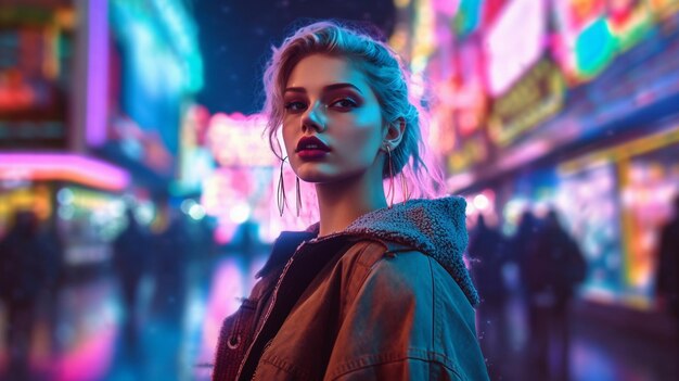 Woman in neon city