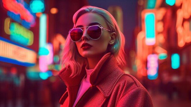 Woman in neon city