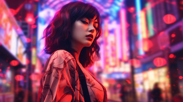 Woman in neon city