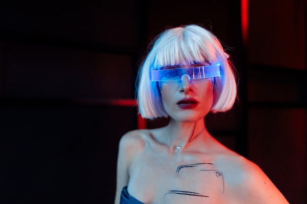 Woman in neon glasses.