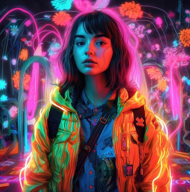 A woman in a neon jacket is standing in front of a painting of neon lights.