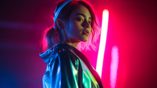 A woman in a neon light with a black jacket stands in front of a red neon light.