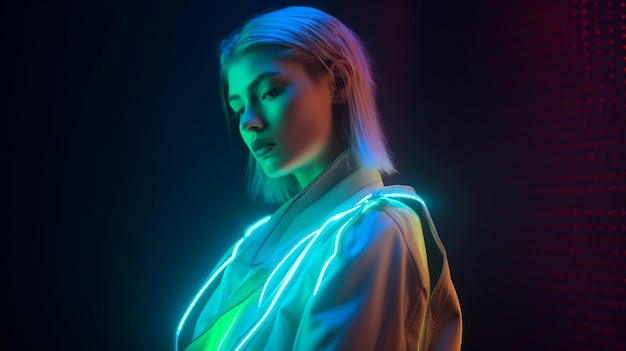 A woman in a neon light with a blue light behind her