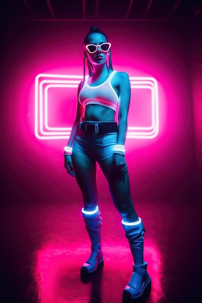 A woman in a neon light with a neon sign behind her