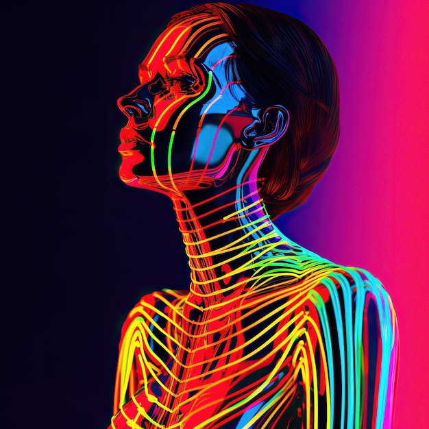 Woman in neon with light on her skeleton ai generated