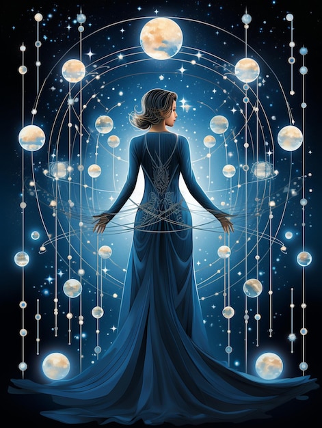 woman in a nightsky blue dress with stars glowing on it