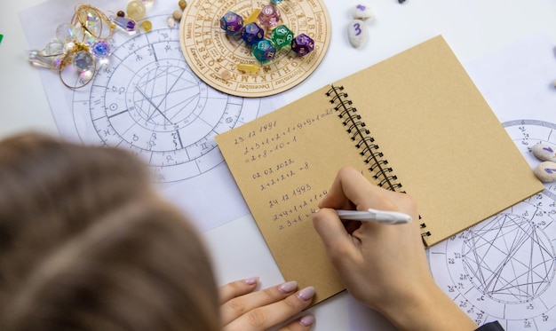 woman numerologist astrologer counts numbers selective focus