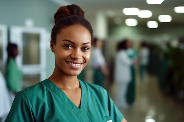 緑色の制服を着た女性看護師
