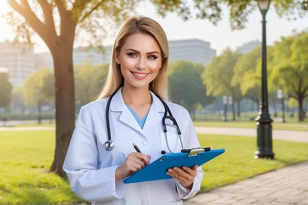 Foto infermiera donna e sorriso con clipboard nel parco per l'assistenza sanitaria medica o di consultazione e assistenza medico o veterinario donna felice in infermieristica controllo ispezione o consiglio di prescrizione fuori