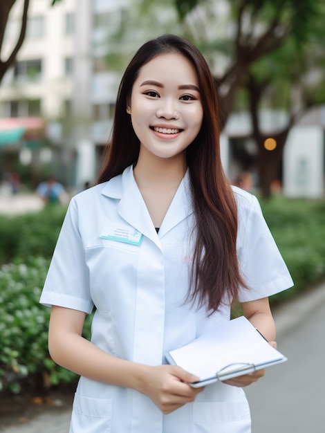 Photo a woman in a nurse uniform smiles at the camera.