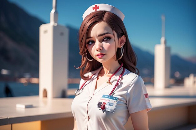 Женщина в форме медсестры стоит перед зданием.