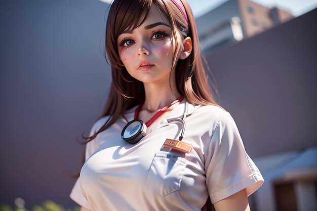 A woman in a nurse uniform stands in front of a building.