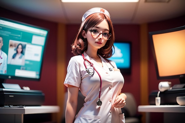 A woman in a nurse uniform stands in front of a computer screen