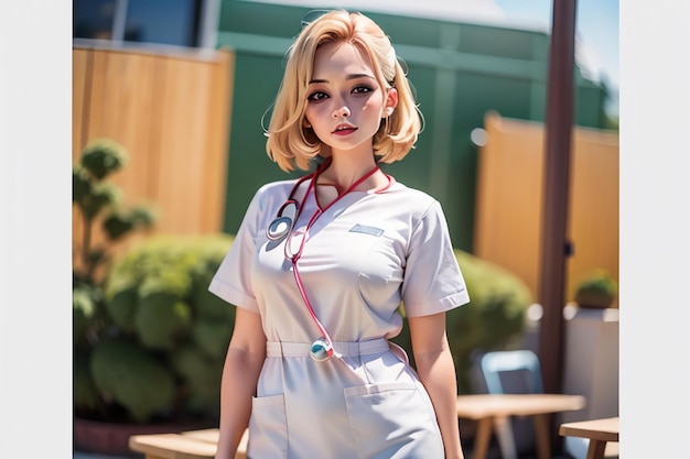 A woman in a nurse uniform stands in front of a fence