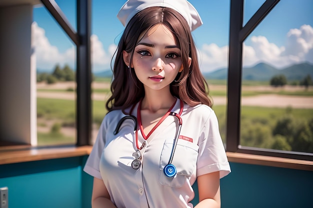 A woman in a nurse uniform stands in front of a field