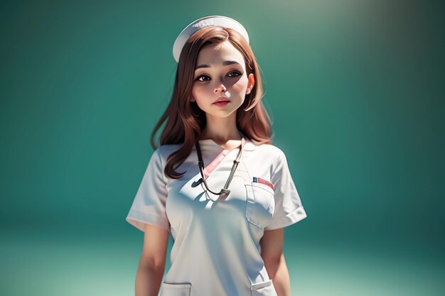 Photo a woman in a nurse uniform stands in front of a green background.