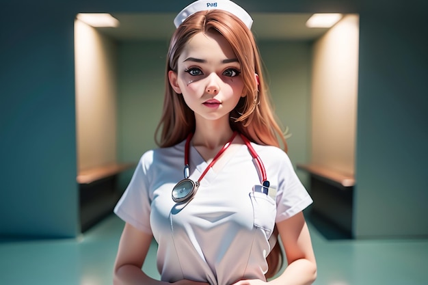 A woman in a nurse uniform stands in front of a green wall.