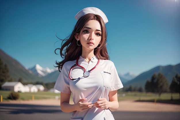 간호사 복장을 한 여성이 산 앞에 서 있습니다.