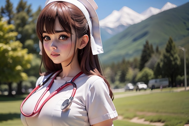 A woman in a nurse uniform stands in front of a mountain.