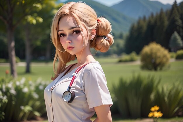 Женщина в форме медсестры стоит перед горой.