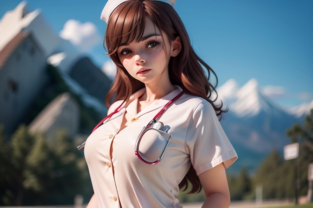 A woman in a nurse uniform stands in front of a mountain.